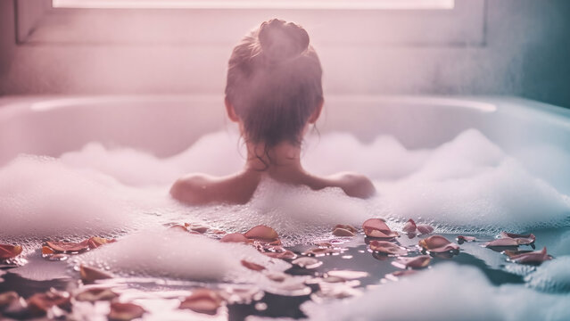 Relaxing Spa Bath with Rose Petals and Foam for Luxury Self Care Concept - Concept for Woman and Bathtub and Water and Stock Photography - Powered by Adobe