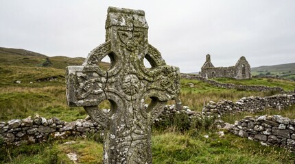 Ancient weathered Celtic stone cross stands prominently in a historic Irish landscape with atmospheric church ruins and stone walls under a cloudy sky