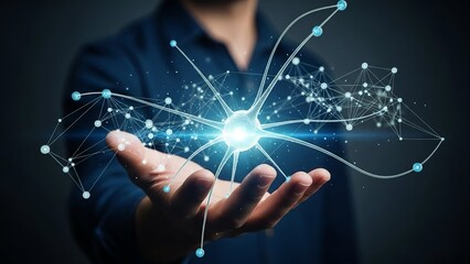 A man in a blue shirt holds a glowing network connection in his hand