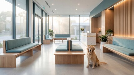 Golden retriever sits in modern veterinary clinic lobby