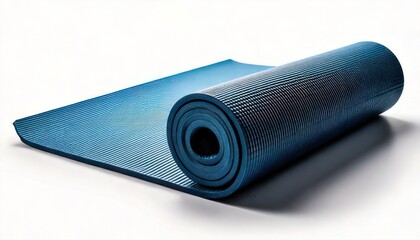 Rolled-up blue yoga mat on a white surface, ready for exercise and fitness activities.