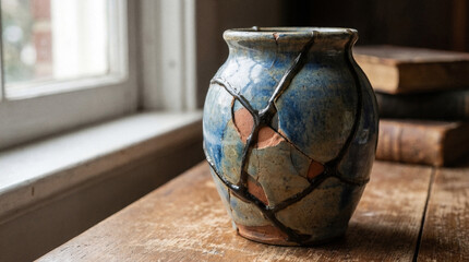 Cracked vase with repaired seams on wooden table