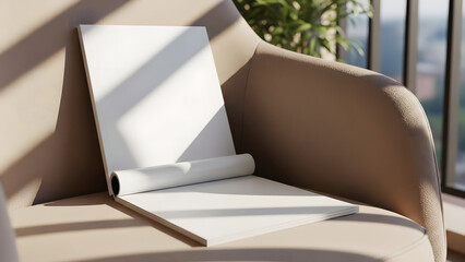 Blank Sketchbook Mockup on Armchair with Natural Sunlight and Modern Interior Setting.