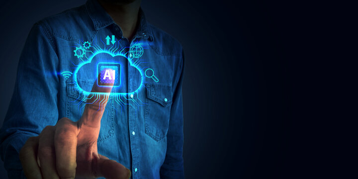 Man interacting with artificial intelligence cloud interface and connected network elements on blue background for technology, cloud computing, user interaction, and digital innovation concepts. - Powered by Adobe