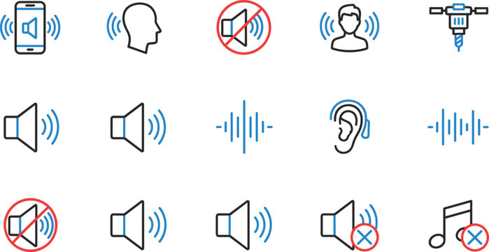 Professional audio icon set featuring sound waves volume control mute symbols hearing protection and noise level indicators for interface.