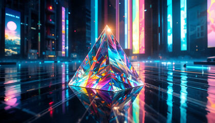 Vibrant crystal pyramid glowing in futuristic cityscape at night