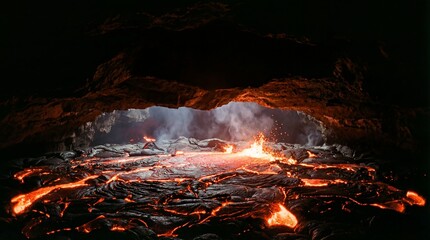Wide cinematic shot of glowing lava flow inside dark underground cave. Molten rock eruption in volcanic cavern. Natural geological wonder and earth force visualization.
