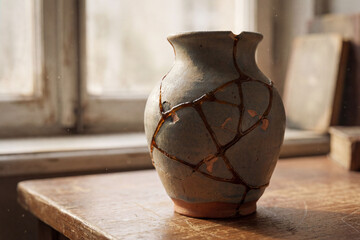 Repaired pottery vase stands on wooden table near window