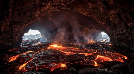 Wide cinematic view of molten lava flowing through dramatic volcanic cave. Underground magma stream with glowing embers and sparks. Fiery geological wonder for nature exploration and adventure