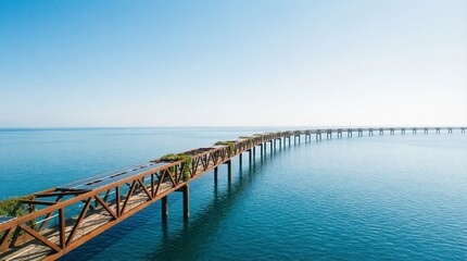 Long wooden pier extending into calm turquoise ocean. Rustic coastal structure over clear blue water. Serene seascape landscape for travel inspiration and nature exploration.