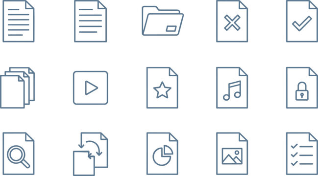 Document management icon set featuring file folders data processing security verification and multimedia file types for office workflow.