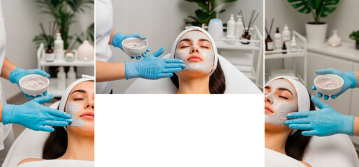 Woman receiving clay mask treatment in spa with gloved hands  