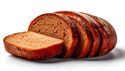 Sliced Loaf of Freshly Baked Brown Bread on White Background.