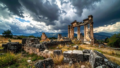 Dramatic Ruins of Hierapolis - Ancient City Under a Stormy Sky.