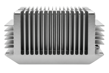 Industrial aluminum heat sink component with vertical cooling fins on a transparent background