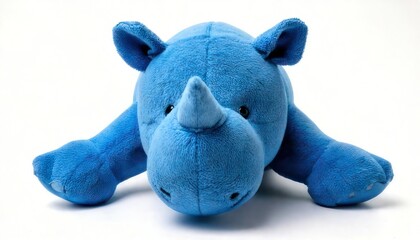 Soft blue plush rhinoceros toy, adorable stuffed animal, perfect for children, cute and cuddly, isolated on white background.