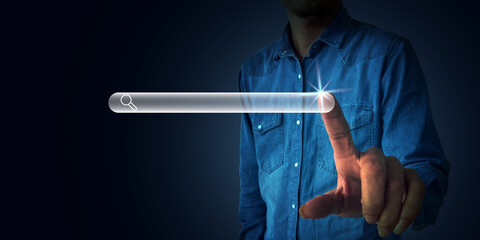 Man using digital search bar interface with abstract data symbols on blue background for business technology and user interaction concepts.