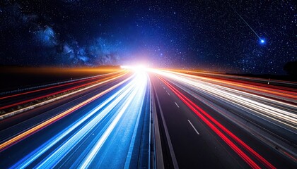 Streaks of Light on a Highway Under a Starry Sky.
