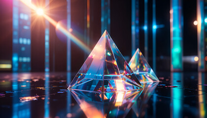 Crystal pyramids reflecting vibrant neon lights in futuristic setting
