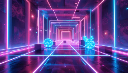 Vibrant neon lit futuristic corridor with glowing blue orbs