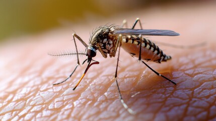Fototapeta premium A single mosquito sitting on human skin, showcasing its intricate body structure and wings.