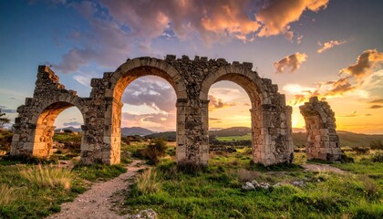 Ancient Roman Aqueduct Ruins at Sunset - A Timeless Landscape.