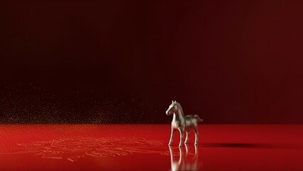 Small horse figurine standing on a reflective red surface against a dark red background.