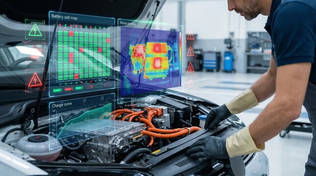 Automotive technician inspecting electric vehicle battery system with holographic diagnostic displays
