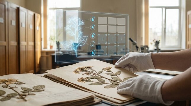 Botanist examines pressed plant specimen with holographic data interface in a laboratory