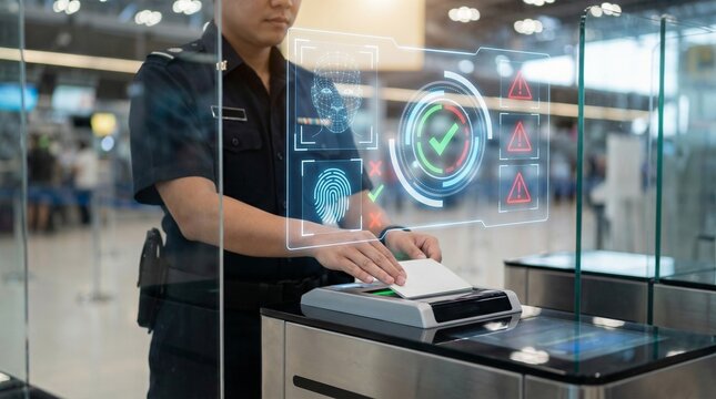 Security officer operating biometric scanner with holographic interface at an airport checkpoint