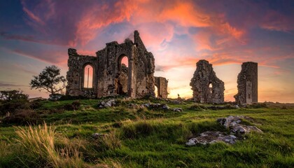 Dramatic sunset over the ruins of a historic abbey in Ireland.
