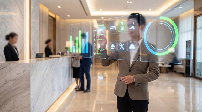 Business professional interacting with a holographic interface displaying charts and circular graphics in a modern lobby reception area.
