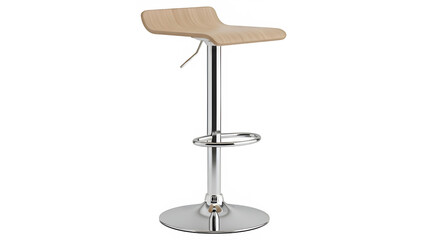 Sleek wooden bar stool with chrome leg and circular footrest, isolated on white or transparent background, perfect for modern interiors, furniture design, and d&eacute;cor concepts. PNG format.