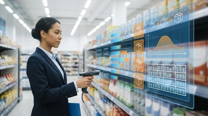Female professional using handheld scanner in a retail store with holographic inventory interface