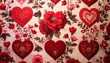 Romantic Valentines Day Fabric with Hearts and Roses Pattern.