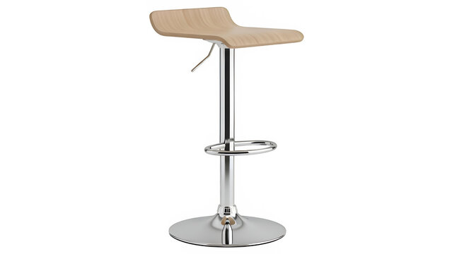 Sleek wooden bar stool with chrome leg and circular footrest, isolated on white or transparent background, perfect for modern interiors, furniture design, and d&eacute;cor concepts. PNG format.