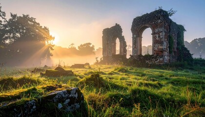 Ethereal Sunrise Illuminating Ancient Ruins Amidst Verdant Landscape.