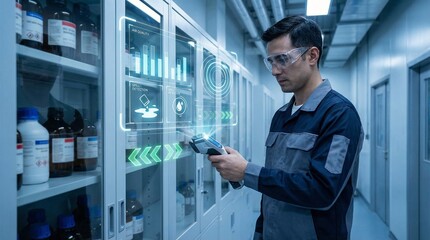 Technician wearing safety goggles operates a handheld device in a laboratory with glass-fronted cabinets and blue lighting