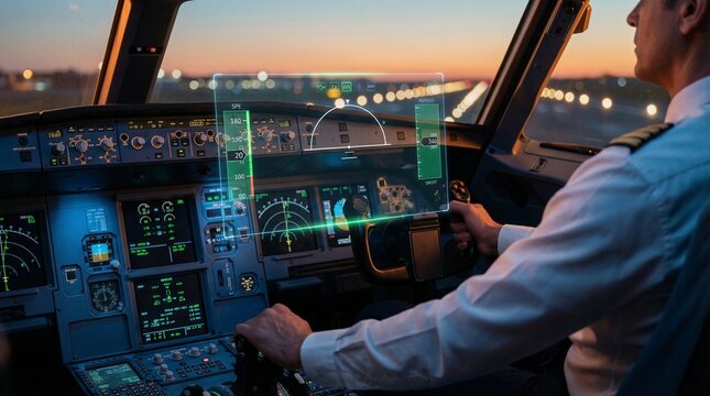 Airplane cockpit at sunset with pilot operating flight controls and illuminated avionics