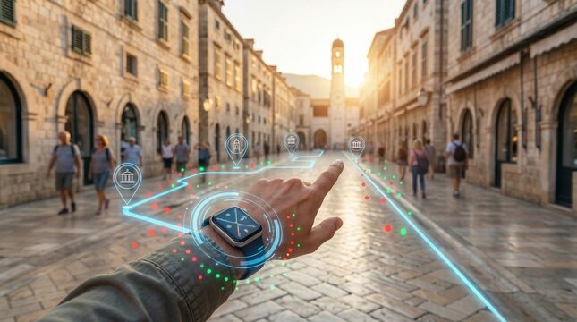 Augmented reality hand projecting holographic interface over historic street scene with pedestrians - Powered by Adobe
