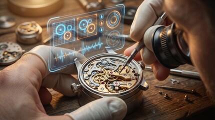 Close-up of watchmaking: hands adjusting a mechanical movement with gears and precision tools, holographic display overlay