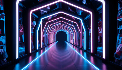 Vibrant neon tunnel with futuristic pink and blue lights