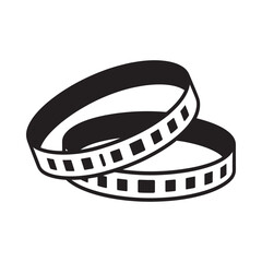 Simple black and white illustration of stacked film reels with sprocket holes