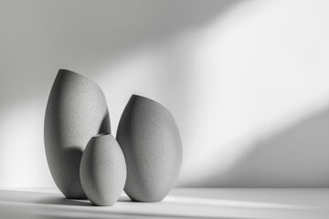 Gray stone vases graduating in height positioned on white background, creating sophisticated composition with refined silhouettes and delicate light interplay