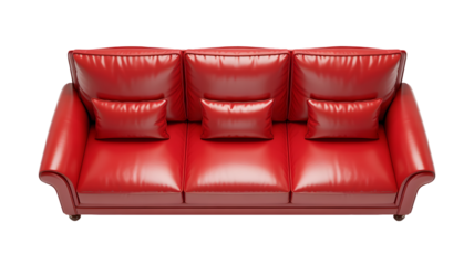 A comfortable three seater sofa upholstered in vibrant red glossy material featuring plump back cushions and three decorative throw pillows for modern interior style rendered under soft stud