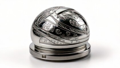 Intricate Metallic Sphere Resting on a Circular Base, Detailed Engravings.