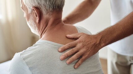 Physical therapist supporting elderly patient during upper back rehabilitation. Hands-on posture correction and mobility therapy in clinical setting. Physical recovery and senior healthcare concept