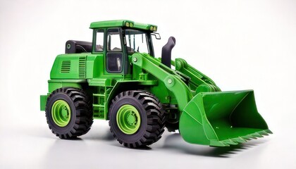 Obraz premium Vibrant Green Construction Vehicle - Detailed Front Loader on White Background.