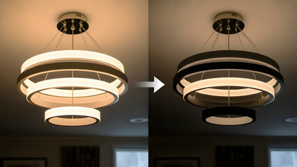Modern LED Chandelier Light On and Off Comparison Ceiling Fixture.