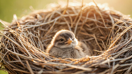 Ein flauschiges Vogelk&uuml;ken sitzt sicher in einem weichen Nest